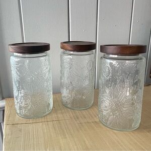 JUST IN Set of 3 Sunflower Glass Jars Wooden Lids Floral Decorative Storage Home